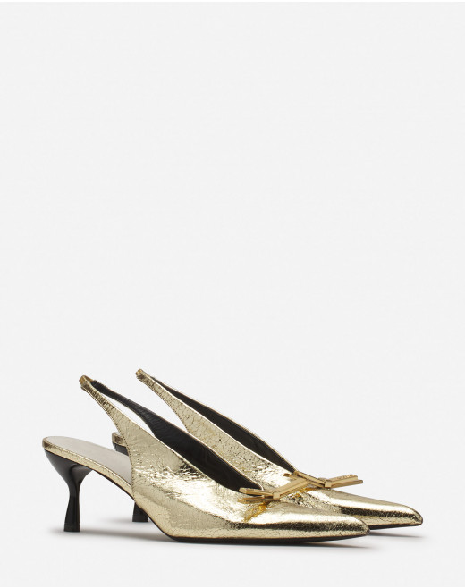 LANVIN BOW SLINGBACK PUMPS IN CRACKLED METALLIC LEATHER